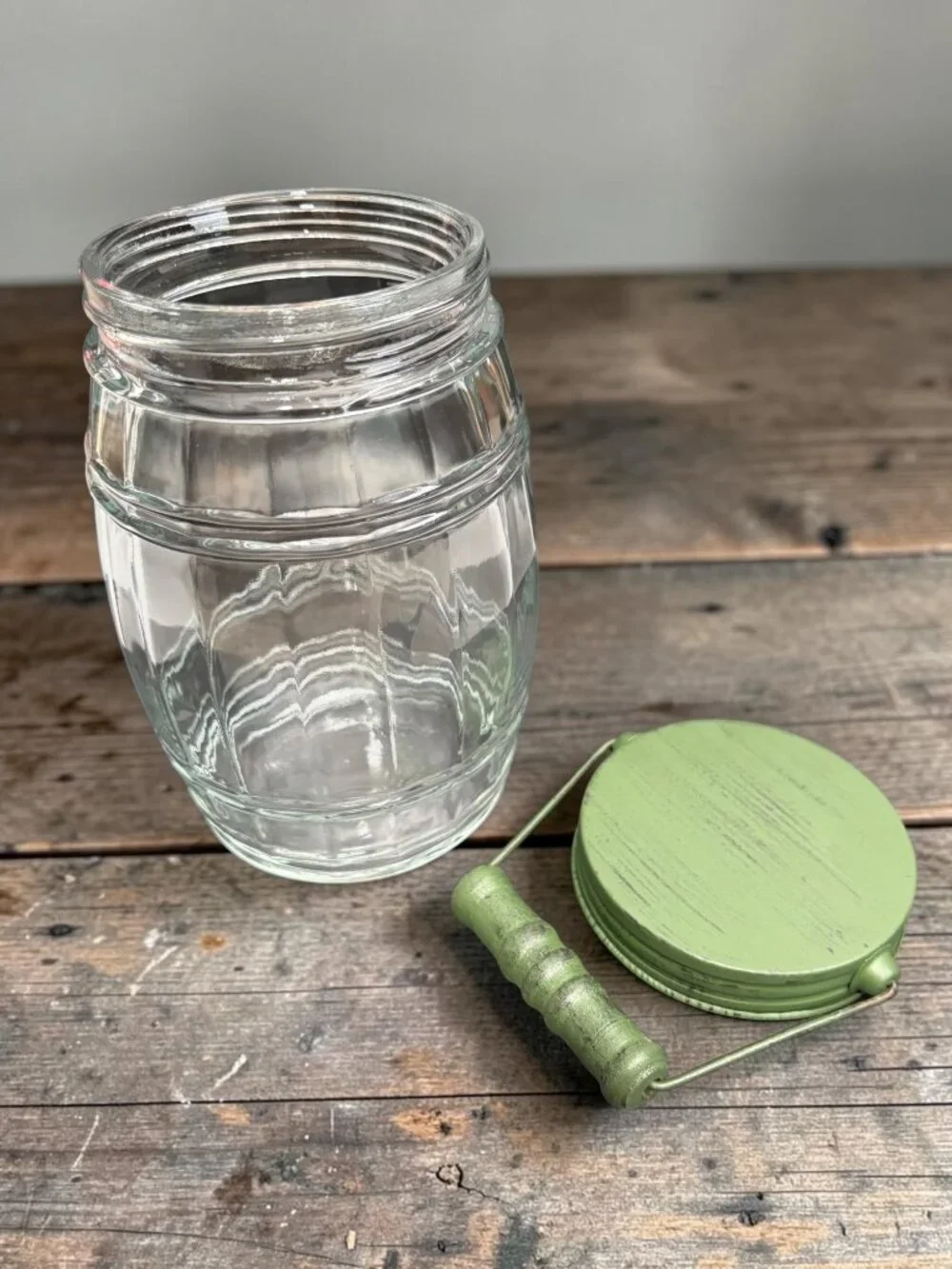 Vintage Glass Barrel Style  Jar With Green Metal Lid & Wood Handle - Rustic Farm